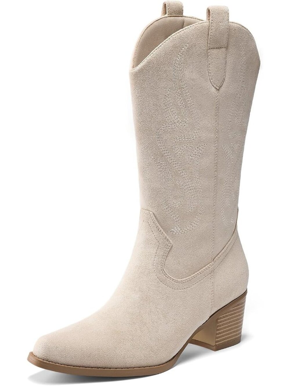 Women's Beige Faux Leather Comfort Square Toe Mid Calf Western Cowgirl Boots